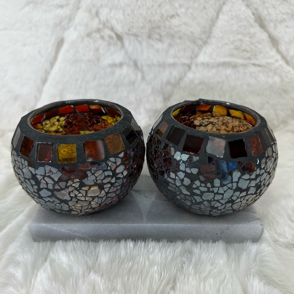 Mosaic Stained Glass Votive Candle Holders Set of 2 Amber Red Boho Decor